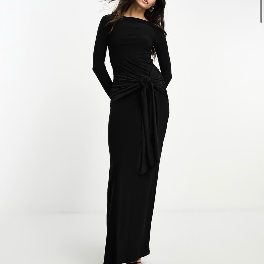 Sold Out ASOS DESIGN tie front exaggerated drape maxi dress in black